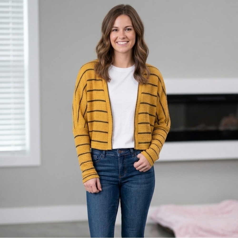 Sadie & Sage Mustard Yellow Striped Cropped Cardigan